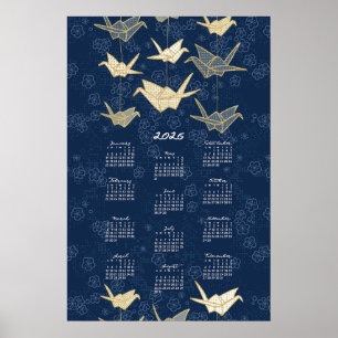 Poster Cartaz de Calendário de 2026 Grous de Origami Azul