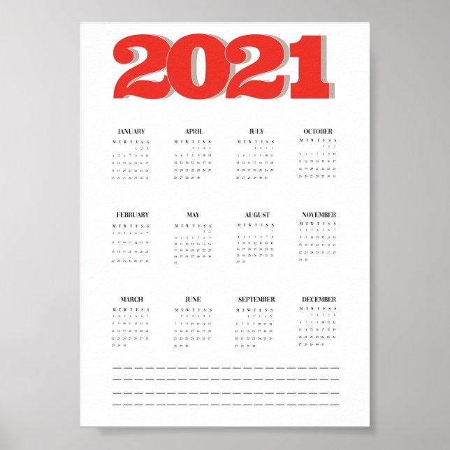 Poster cartaz de calendário de parede de 2021 (Frente)