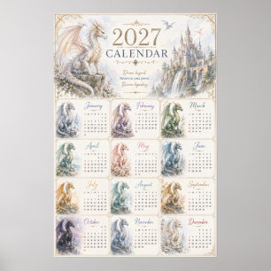 Poster Cartaz de Calendário de Parede de Dragão Fantasia
