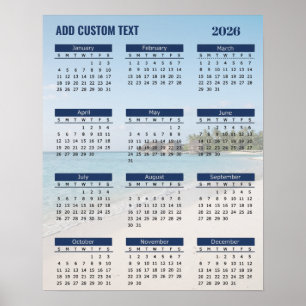 Poster Cartaz de Calendário de Praia 2026 com Texto Perso