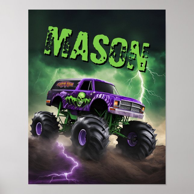 Poster Cartaz de Caminhão Monstro Verde e Roxo com Nome P (Frente)
