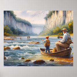 Poster Cartaz de Canoa no Rio em Aquarela Digital para Pe