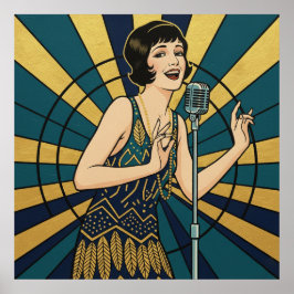 Poster Cartaz de Cantor de Jazz Retro Azul e Dourado Vint