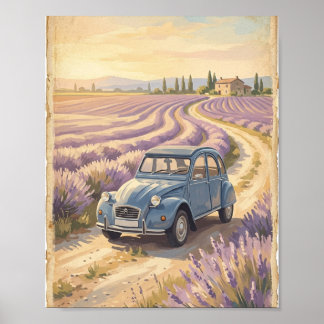 Poster Cartaz de Carro Francês Antigo em Campo de Lavanda