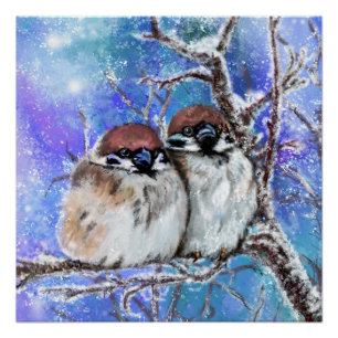 Pôster Cartaz de Casal de Pardais no Inverno - Pintura
