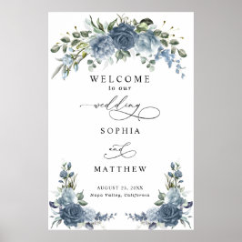 Poster Cartaz de Casamento Floral Azul Elegante e Empolvi