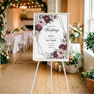 Poster Cartaz de Casamento Floral Bordô Enmarcado