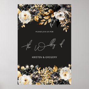 Poster Cartaz de Casamento Floral Dourado Preto Aquarela