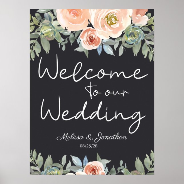 Poster Cartaz de Casamento Floral Pastel Verde Pêssego Ma (Frente)