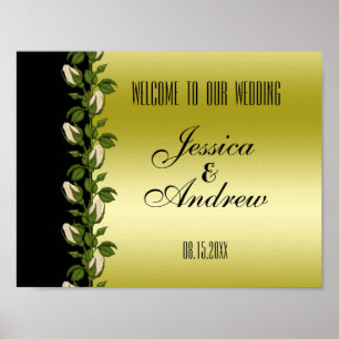 Pôster Cartaz de Casamento Floral Romântico Dourado e Pre