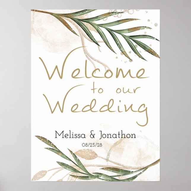 Poster Cartaz de Casamento Floral Verde Sage Dourado (Frente)