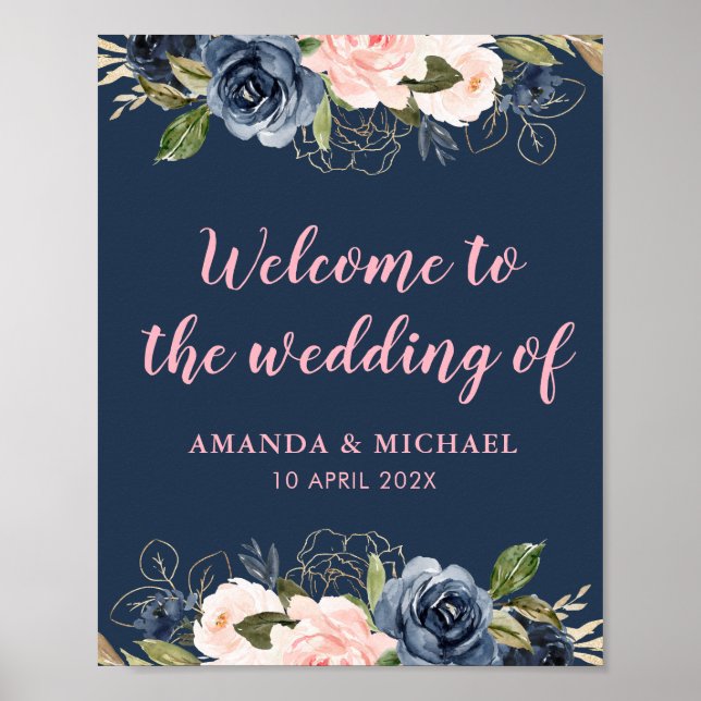 Poster cartaz de casamento rosa flor de navy (Frente)