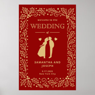 Poster Cartaz de Casamento Vermelho Luxuoso e Dourado Ant