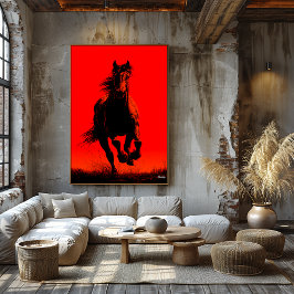 Poster Cartaz de Cavalo Correndo – Silhueta Preta em Verm