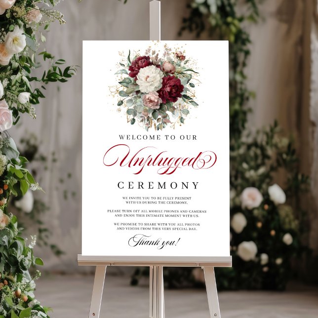 Poster Cartaz de Cerimônia Desconectada Luxo Blush Borgon (Luxe Blush Burgundy Unplugged Ceremony Poster)
