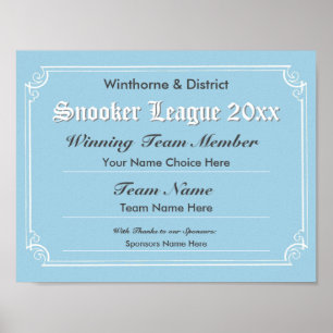 Poster Cartaz de Certificado de Competição de Snooker