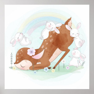 Poster Cartaz de cervos bebês com coelhinhos bebês