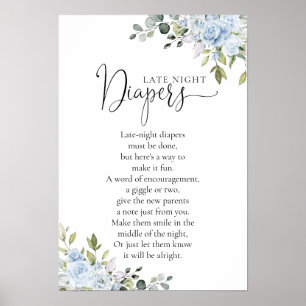 Poster Cartaz de Chá de Bebê com Floral em Azul Desbotado