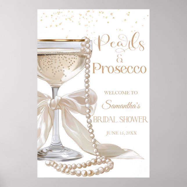 Poster Cartaz de Chá de Noiva Pérolas Elegantes e Prosecc (Frente)