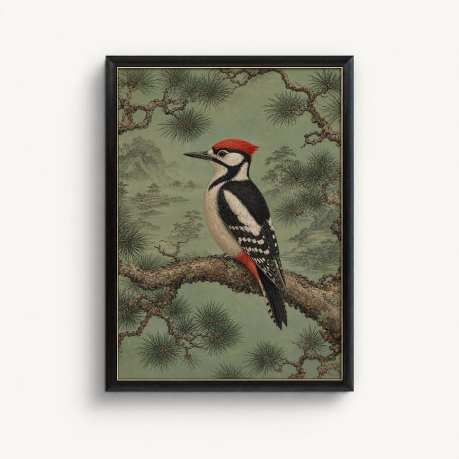 Poster Cartaz de Chinoiserie de Pica-Pau Florestal de Pin (Forest Woodpecker Wall Art Poster - close-up view (frame/decor not included))