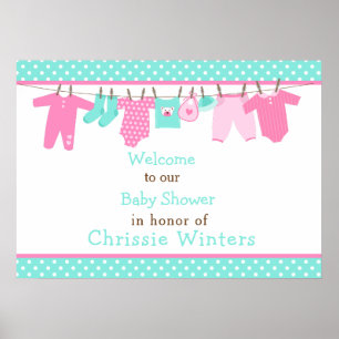 Poster Cartaz de Chuveiro de Bebê Linha de Bebê Rosa e Ve