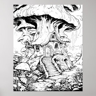 Poster Cartaz de Colorir Fantasia Casa de Fada Cogumelo