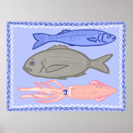 Poster Cartaz de comida mediterrânea peixe taverna grega