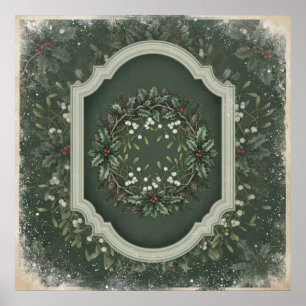 Poster Cartaz de Coroa de Natal Holly Mistletoe Vintage