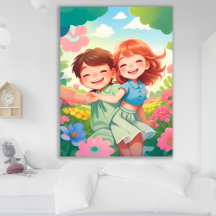 Cartaz de Crianças Sorrindo no Jardim de Flores Co