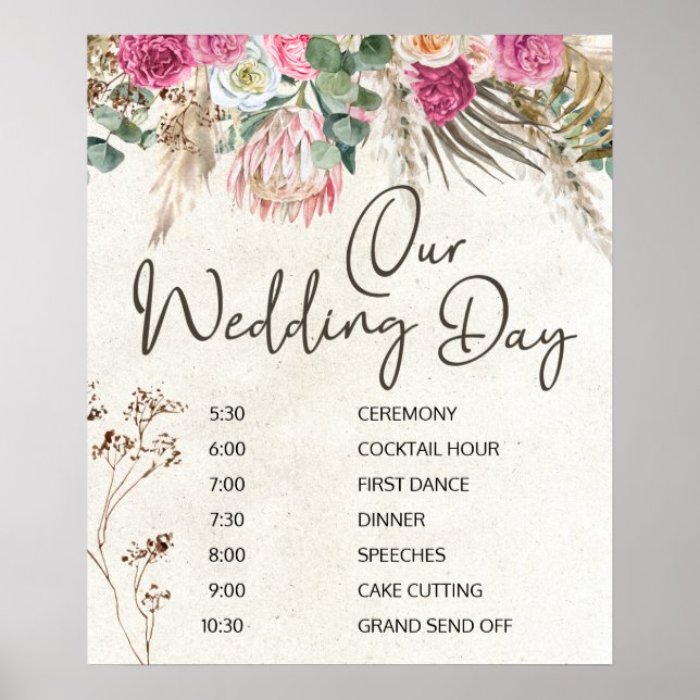Poster Cartaz de Cronograma de Casamento Floral Boho Past (Frente)