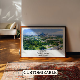 Poster Cartaz de Dallas Texas, Aquarela, Personalizado
