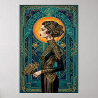 Cartaz de Dançarina de Perfil Art Deco com Leque D