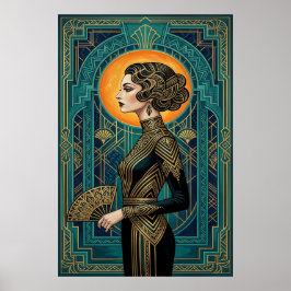 Poster Cartaz de Dançarina de Perfil Art Deco com Leque D