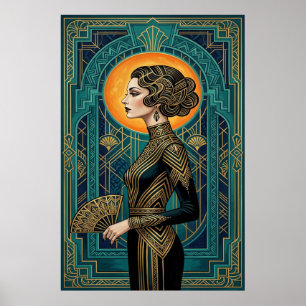 Poster Cartaz de Dançarina de Perfil Art Deco com Leque D