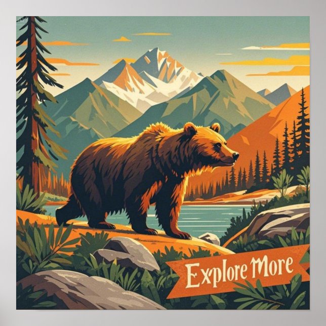 Poster Cartaz de desenho animado de urso estilo retrô e c (Frente)