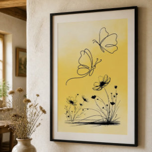 Poster Cartaz de Desenho de Linha da Borboleta Amarela
