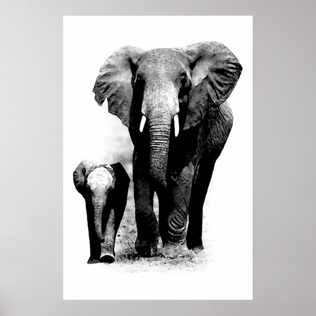 Pôster Cartaz de Elefante & Elefante Bebê BW (Frente)