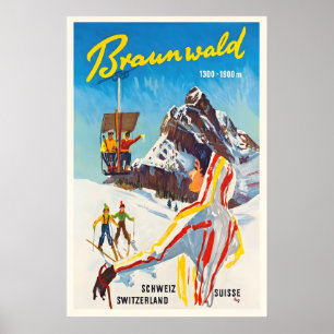 Poster Cartaz de Esqui Antigo de Braunwald Suíça - Enquad