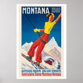 Poster Cartaz de Esqui Antigo de Montana Valais Suíça