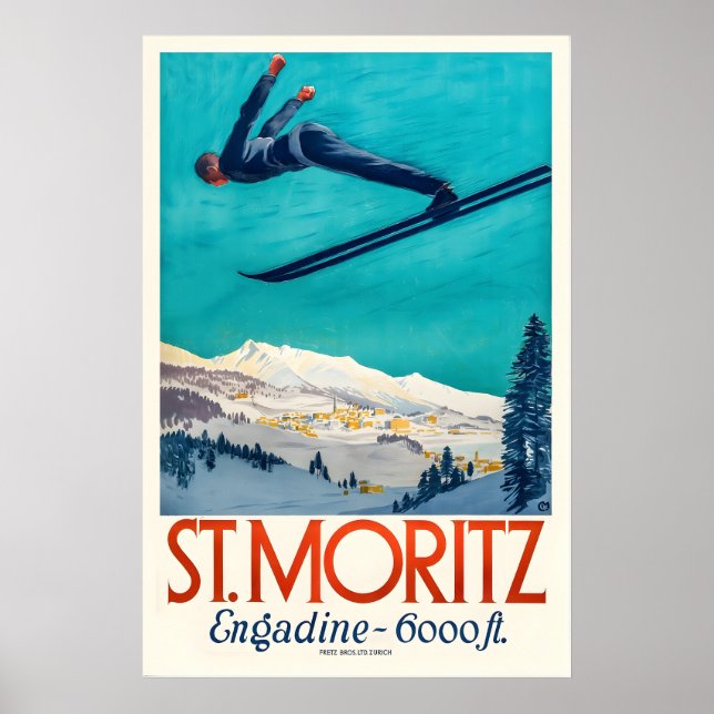 Poster Cartaz de Esqui Antigo de St. Moritz Engadin Suíça (Frente)