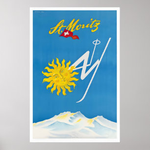 Poster Cartaz de Esqui Antigo de St. Moritz Suíça - Enqua