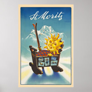Poster Cartaz de Esqui Antigo de St. Moritz Suíça - Enqua