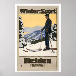 Poster Cartaz de Esqui Antigo Heiden Suíça Esporte de Inv