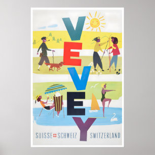 Poster Cartaz de Esqui de Viagem na Suíça Arte Vevey