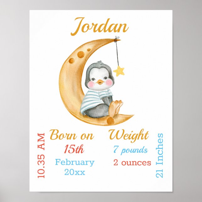 Poster Cartaz de Estatísticas do Bebê Pinguim Meia Lua (Frente)