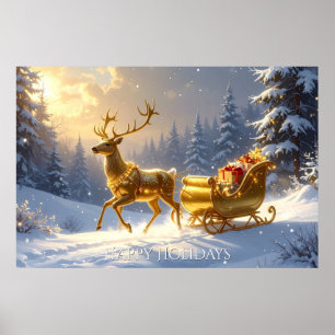Poster Cartaz de Férias Golden Reindeer Golden Sleigh