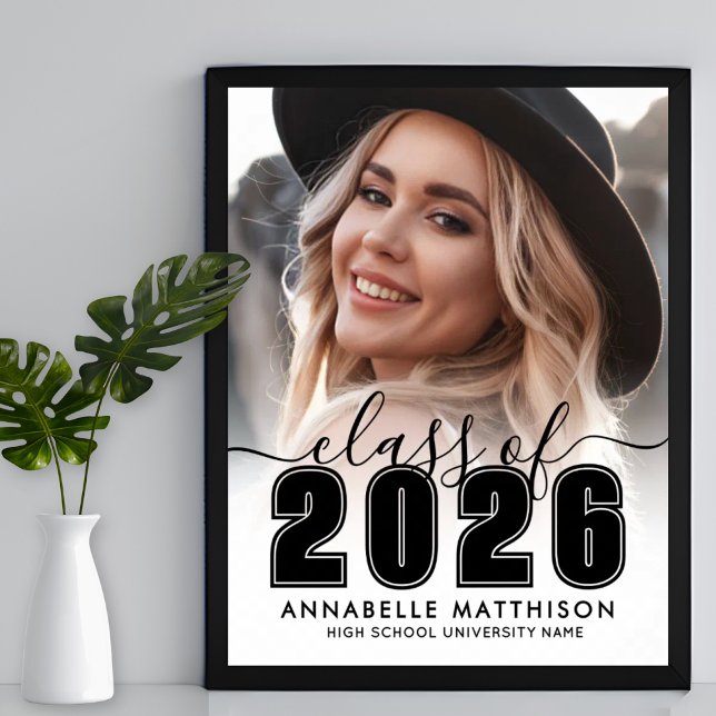 Poster Cartaz de Festa de Formatura Preto e Branco Foto (Photo Black White Graduation Party Sign)