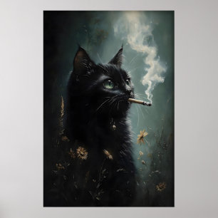 Poster Cartaz de Flor de Gato Preto Fumando, Dark Academi