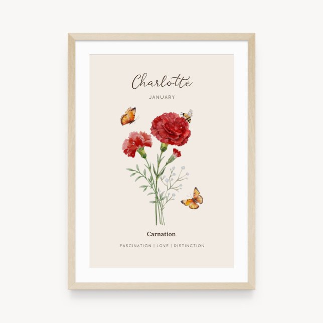 Poster Cartaz de Flor de Nascimento Cravo (Example of carnation birth flower poster once framed. )