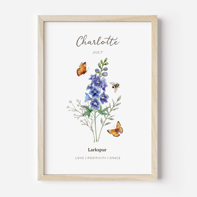 Poster Cartaz de Flor de Nascimento Delphinium (Example of larkspur birth flower poster once framed. )